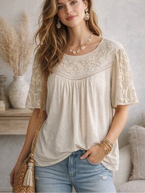 Anthropologie Delilah Ivory Embroidered Lace Mesh Sleeve Boho Peasant Top Large
